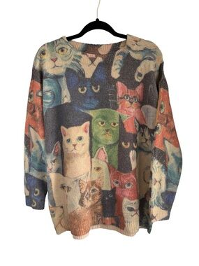Women’s Multicolor Cat Print Oversized Sweater Size Medium